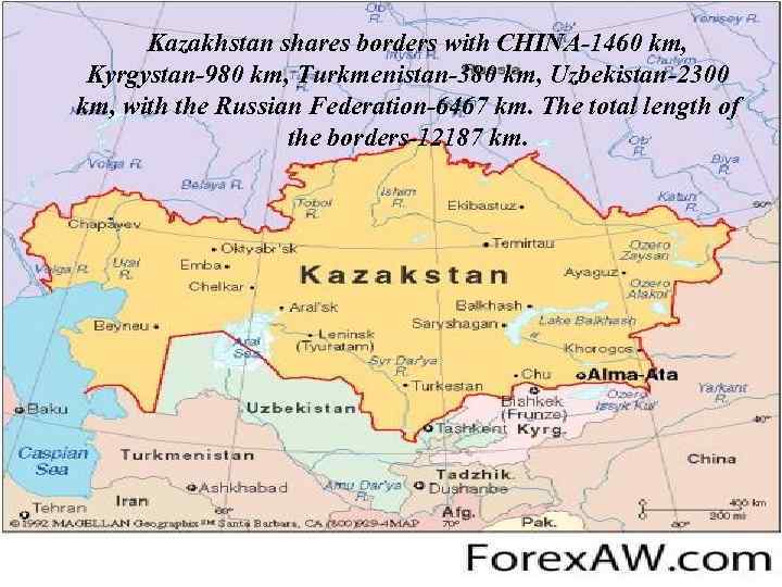 Kazakhstan shares borders with CHINA-1460 km, Kyrgystan-980 km, Turkmenistan-380 km, Uzbekistan-2300 km, with the