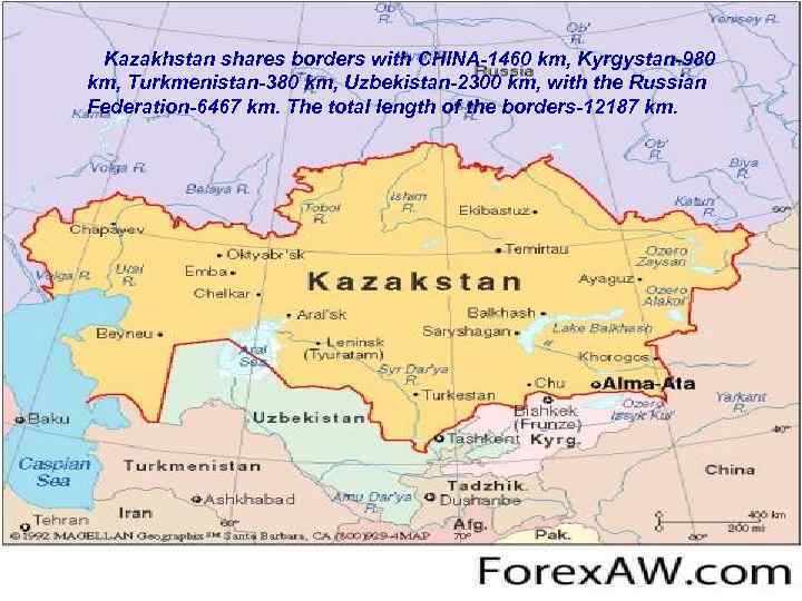 Kazakhstan shares borders with CHINA-1460 km, Kyrgystan-980 km, Turkmenistan-380 km, Uzbekistan-2300 km, with the