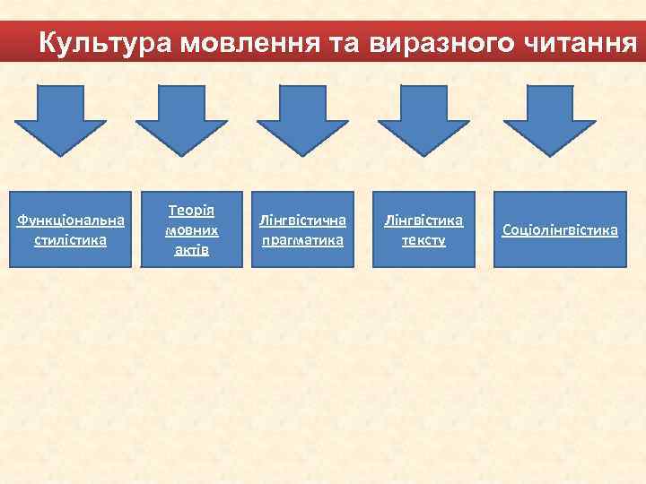 Культура мовлення та виразного читання Функціональна стилістика Теорія мовних актів Лінгвістична прагматика Лінгвістика тексту