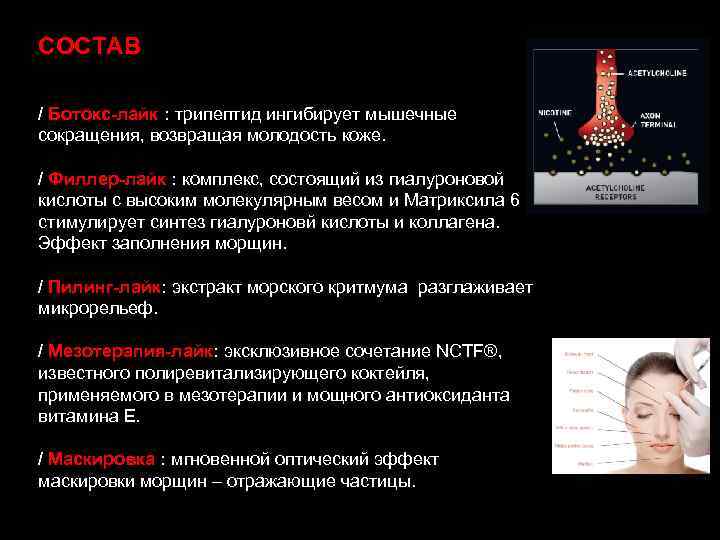 СОСТАВ / Ботокс-лайк : трипептид ингибирует мышечные сокращения, возвращая молодость коже. / Филлер-лайк :