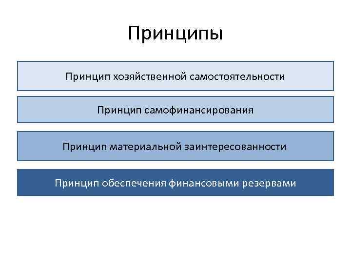 Принципы Принцип хозяйственной самостоятельности Принцип самофинансирования Принцип материальной заинтересованности Принцип обеспечения финансовыми резервами 
