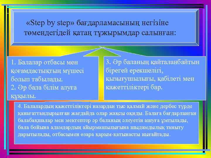  «Step by step» бағдарламасының негізіне төмендегідей қатаң тұжырымдар салынған: 1. Балалар отбасы мен