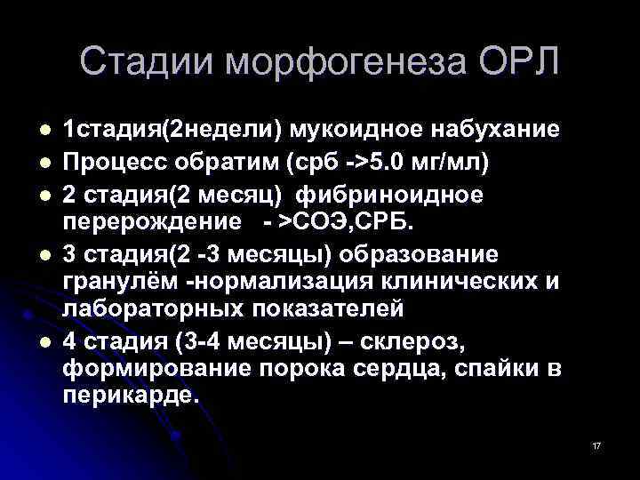 Стадии морфогенеза ОРЛ l l l 1 стадия(2 недели) мукоидное набухание Процесс обратим (срб