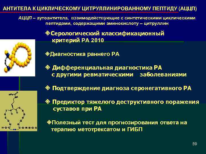 АНТИТЕЛА К ЦИКЛИЧЕСКОМУ ЦИТРУЛЛИНИРОВАННОМУ ПЕПТИДУ (АЦЦП) АЦЦП – аутоантитела, взаимодействующие с синтетическими циклическими пептидами,