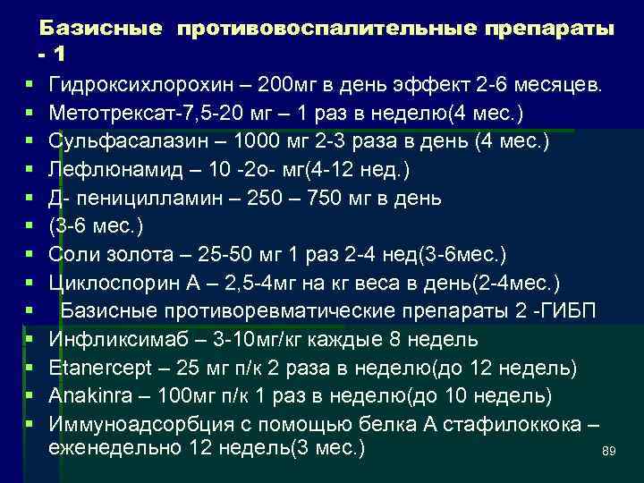 Базисные противовоспалительные препараты -1 § Гидроксихлорохин – 200 мг в день эффект 2 -6