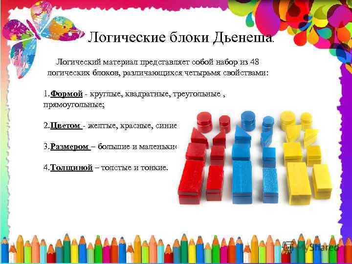 Логические блоки Дьенеша. Логический материал представляет собой набор из 48 логических блоков, различающихся четырьмя
