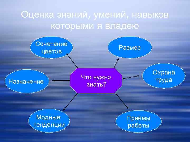 Оценка знаний, умений, навыков которыми я владею Сочетание цветов Назначение Модные тенденции Размер Охрана