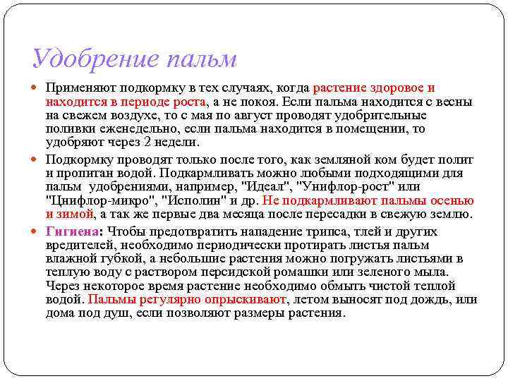 Удобрение пальм Применяют подкормку в тех случаях, когда растение здоровое и находится в периоде