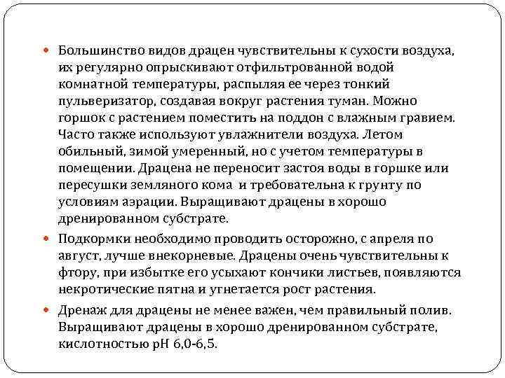  Большинство видов драцен чувствительны к сухости воздуха, их регулярно опрыскивают отфильтрованной водой комнатной