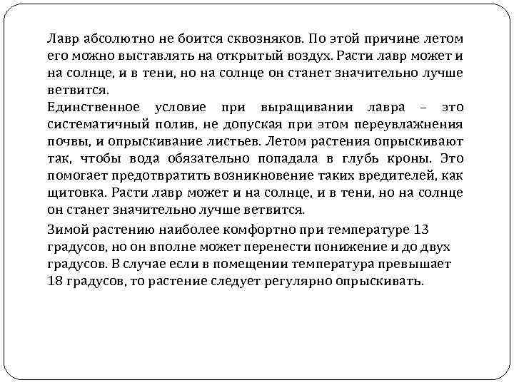 Лавр абсолютно не боится сквозняков. По этой причине летом его можно выставлять на открытый