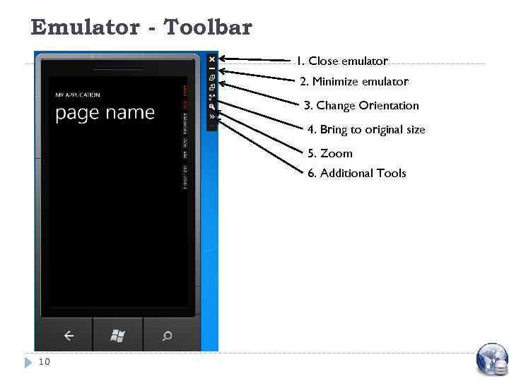 Emulator - Toolbar 1. Close emulator 2. Minimize emulator 3. Change Orientation 4. Bring