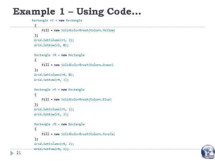Example 1 – Using Code… Rectangle r 3 = new Rectangle { Fill =