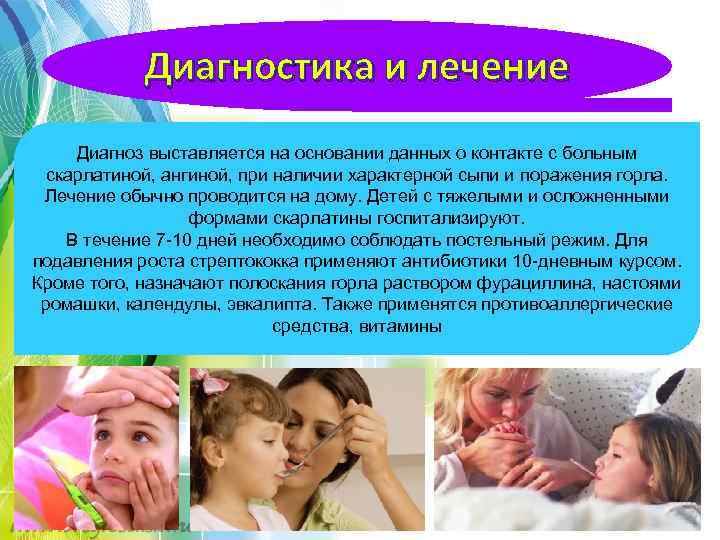Диагностика и лечение Диагноз выставляется на основании данных о контакте с больным скарлатиной, ангиной,
