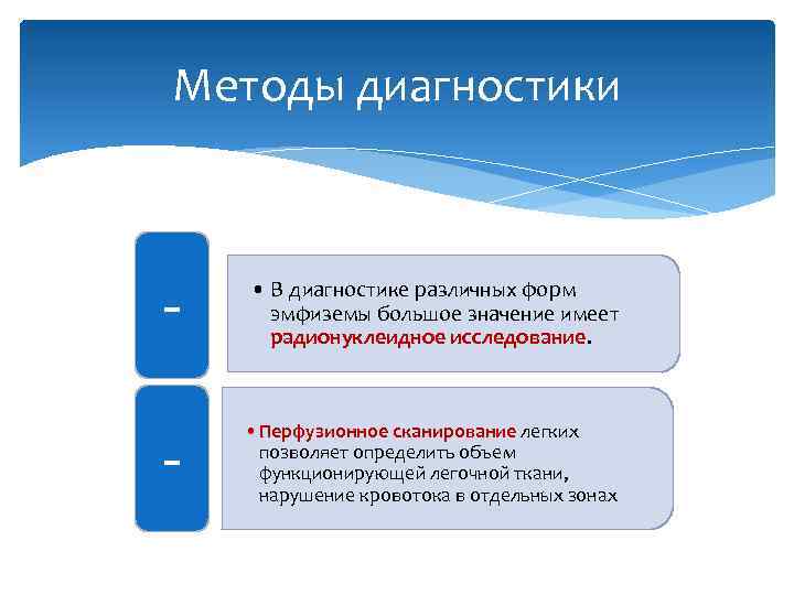 Методы диагностики - • В диагностике различных форм эмфиземы большое значение имеет радионуклеидное исследование.