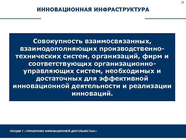17 ИННОВАЦИОННАЯ ИНФРАСТРУКТУРА Совокупность взаимосвязанных, взаимодополняющих производственнотехнических систем, организаций, фирм и соответствующих организационноуправляющих систем,
