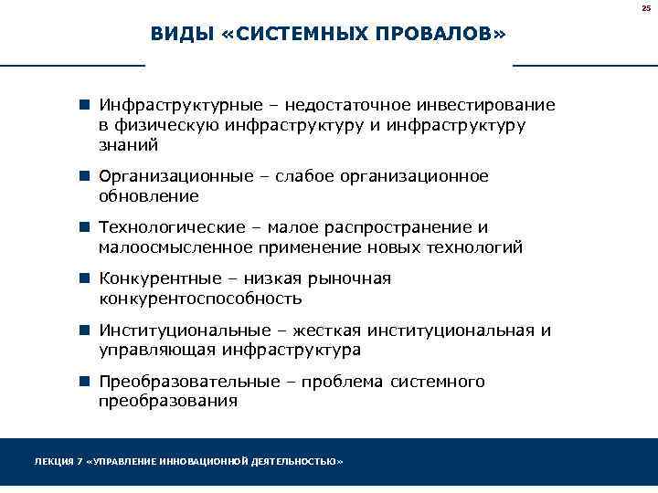 25 ВИДЫ «СИСТЕМНЫХ ПРОВАЛОВ» n Инфраструктурные – недостаточное инвестирование в физическую инфраструктуру и инфраструктуру