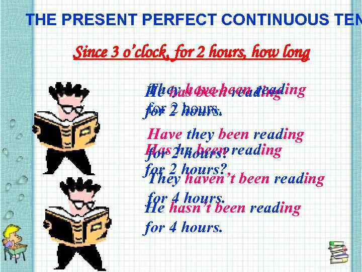 THE PRESENT PERFECT CONTINUOUS TEN Since 3 o’clock, for 2 hours, how long They