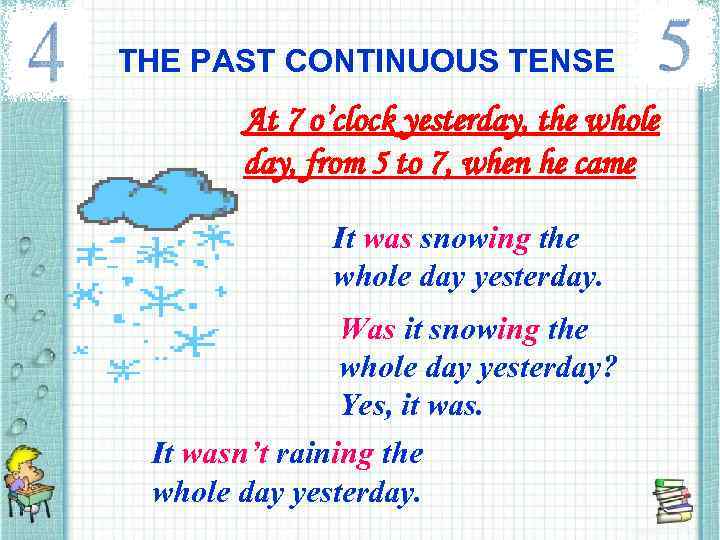 THE PAST CONTINUOUS TENSE At 7 o’clock yesterday, the whole day, from 5 to