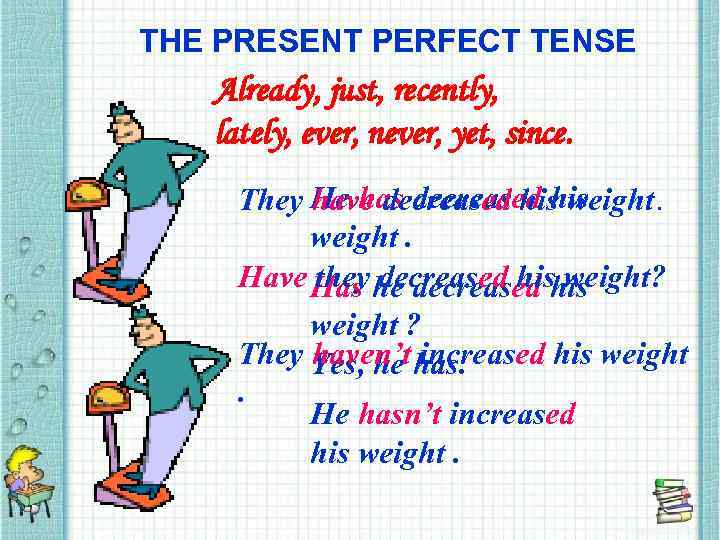 THE PRESENT PERFECT TENSE Already, just, recently, lately, ever, never, yet, since. They He