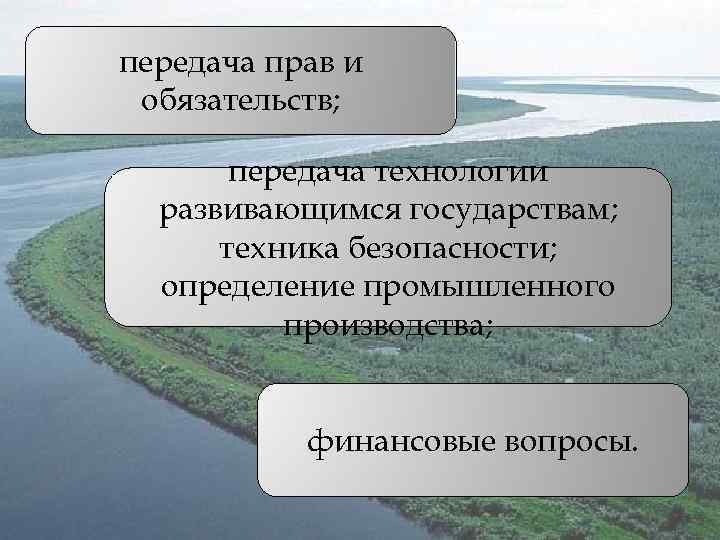 передача прав и обязательств; передача технологии развивающимся государствам; техника безопасности; определение промышленного производства; финансовые