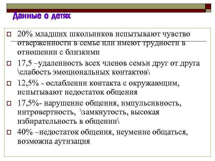 Данные о детях o o o 20% младших школьников испытывают чувство отверженности в семье