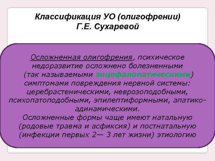 Классификация УО (олигофрении) Г. Е. Сухаревой Осложненная олигофрения, психическое недоразвитие осложнено болезненными (так называемыми