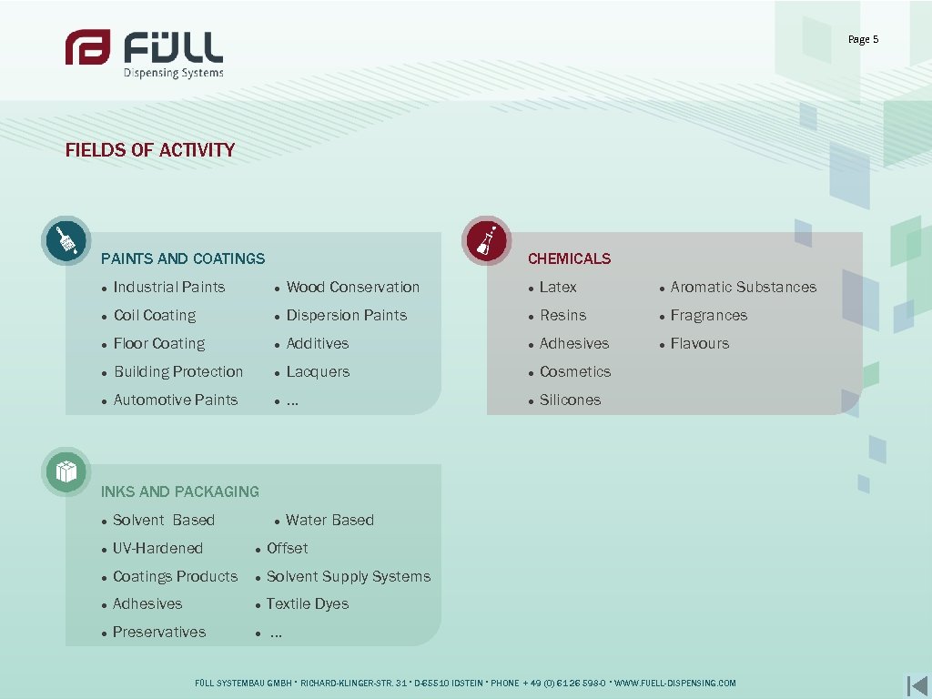 Page 5 FIELDS OF ACTIVITY PAINTS AND COATINGS CHEMICALS Industrial Paints Wood Conservation Latex