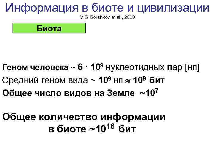 Информация в биоте и цивилизации V. G. Gorshkov et al. , 2000 Биота Геном