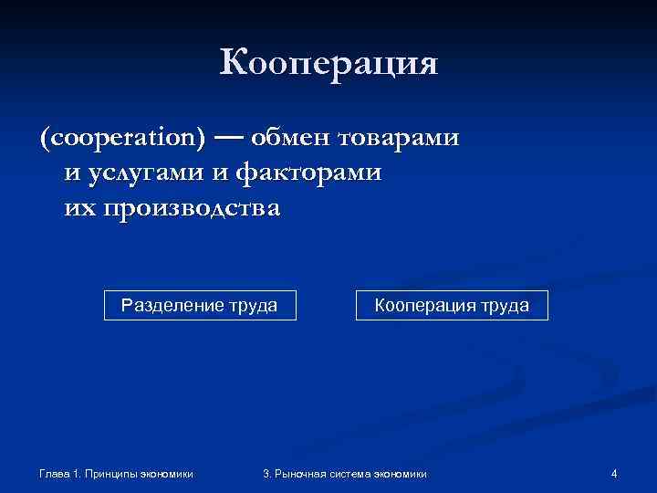 Кооперация (cooperation) — обмен товарами и услугами и факторами их производства Разделение труда Глава