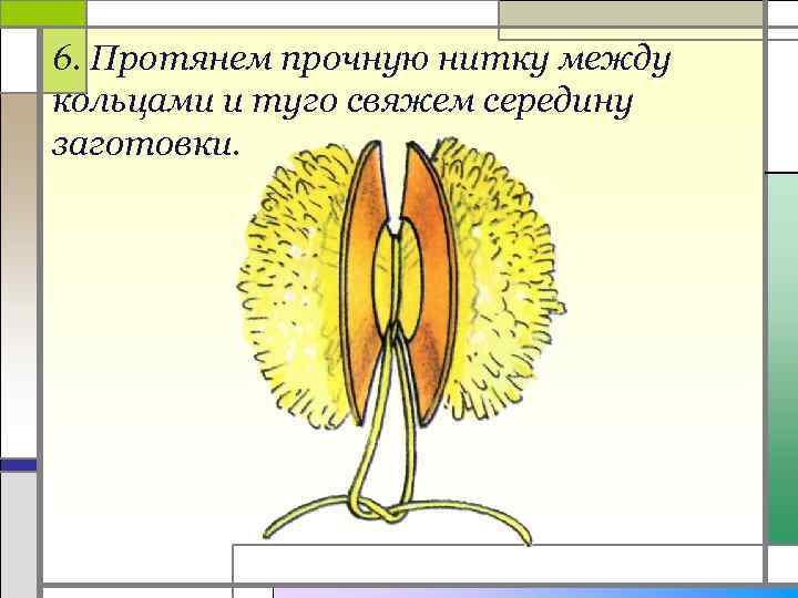 6. Протянем прочную нитку между кольцами и туго свяжем середину заготовки. 