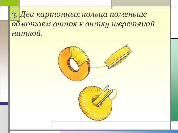 3. Два картонных кольца поменьше обмотаем виток к витку шерстяной ниткой. 