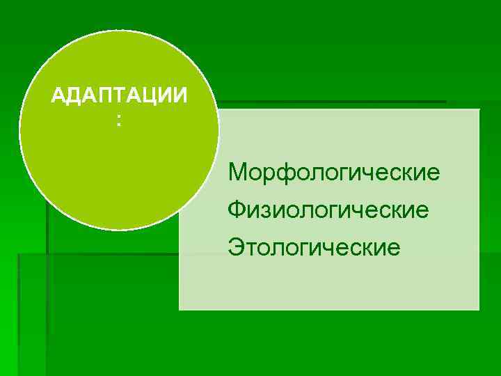 АДАПТАЦИИ : Морфологические Физиологические Этологические 