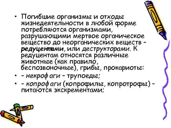  • Погибшие организмы и отходы жизнедеятельности в любой форме потребляются организмами, разрушающими мертвое