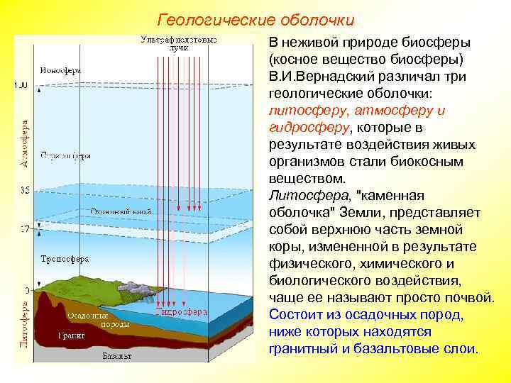 Геологические оболочки В неживой природе биосферы (косное вещество биосферы) В. И. Вернадский различал три