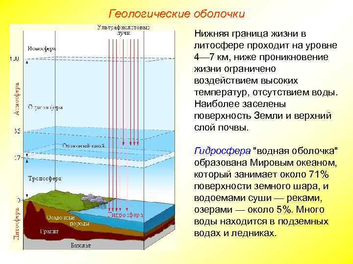 Геологические оболочки Нижняя граница жизни в литосфере проходит на уровне 4— 7 км, ниже