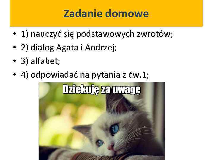 Zadanie domowe • • 1) nauczyć się podstawowych zwrotów; 2) dialog Agata i Andrzej;