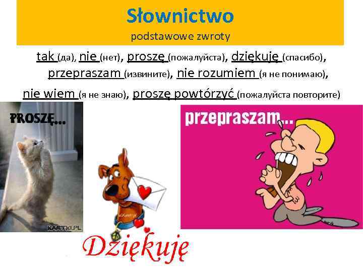 Słownictwo podstawowe zwroty tak (да), nie (нет), proszę (пожалуйста), dziękuję (спасибо), przepraszam (извините), nie