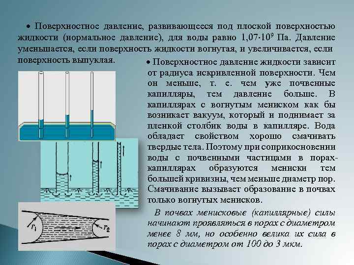 Жидкость в капилляре. Поверхностное давление. Поверхностное давление жидкости. Давление на поверхности воды. Мениск в капилляре.