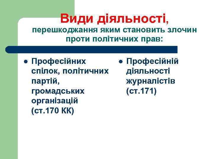 Види діяльності, перешкоджання яким становить злочин проти політичних прав: l Професійних спілок, політичних партій,