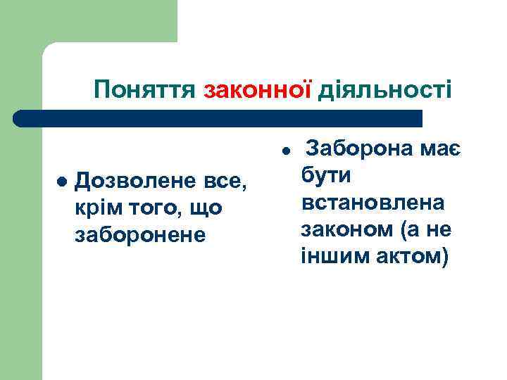 Поняття законної діяльності l l Дозволене все, крім того, що заборонене Заборона має бути