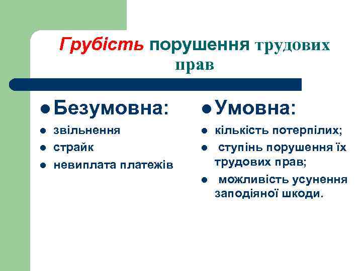 Грубість порушення трудових прав l Безумовна: l l l звільнення страйк невиплата платежів l