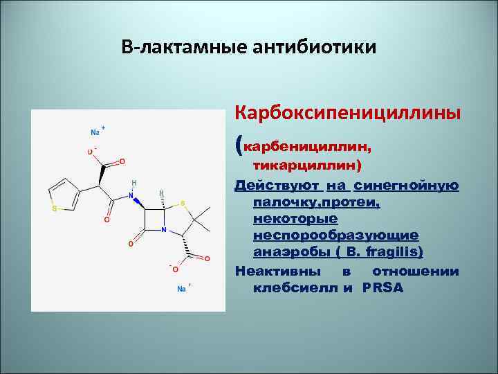 В-лактамные антибиотики Карбоксипенициллины (карбенициллин, тикарциллин) Действуют на синегнойную палочку, протеи, некоторые неспорообразующие анаэробы (