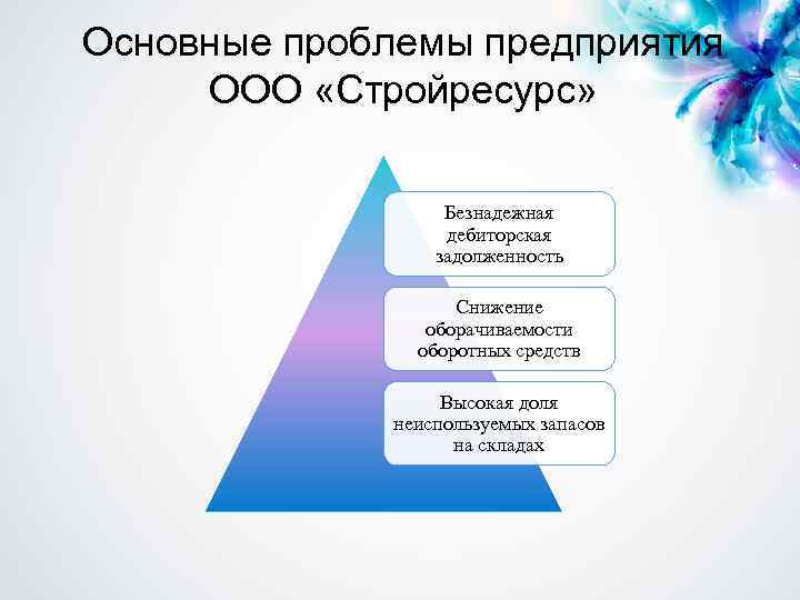 Основные проблемы предприятия ООО «Стройресурс» Безнадежная дебиторская задолженность Снижение оборачиваемости оборотных средств Высокая доля