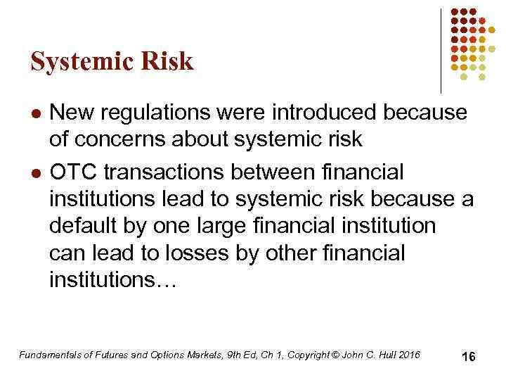 Systemic Risk l l New regulations were introduced because of concerns about systemic risk