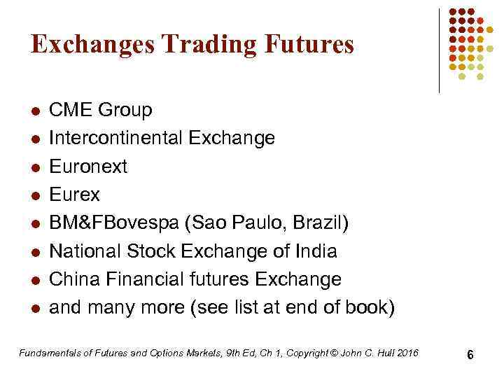 Exchanges Trading Futures l l l l CME Group Intercontinental Exchange Euronext Eurex BM&FBovespa