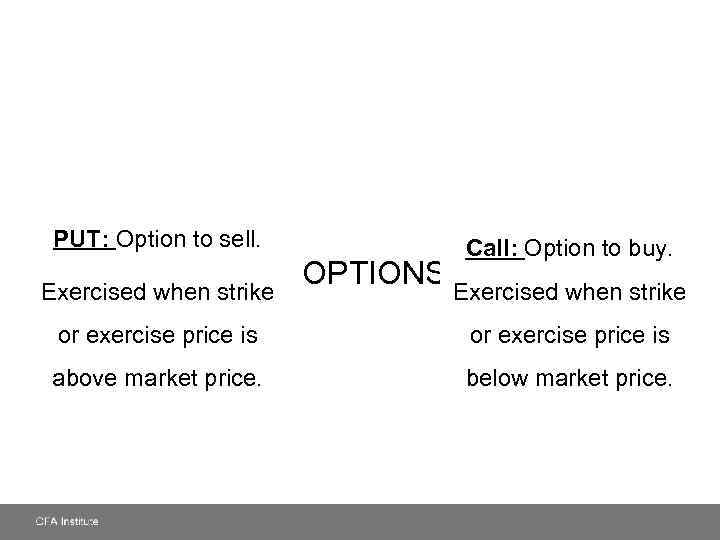 PUT: Option to sell. Exercised when strike Call: Option to buy. OPTIONS Exercised when