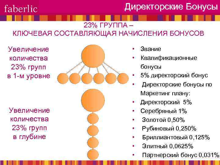 Директорские Бонусы 23% ГРУППА – КЛЮЧЕВАЯ СОСТАВЛЯЮЩАЯ НАЧИСЛЕНИЯ БОНУСОВ Увеличение количества 23% групп в