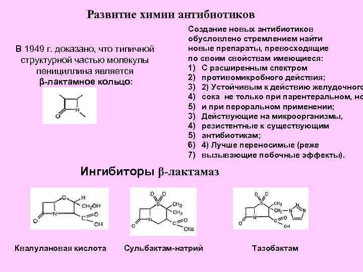Развитие химии антибиотиков В 1949 г. доказано, что типичной структурной частью молекулы пенициллина является