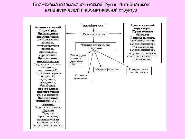 Блок-схема фармакологической группы антибиотиков алициклической и ароматической структур 