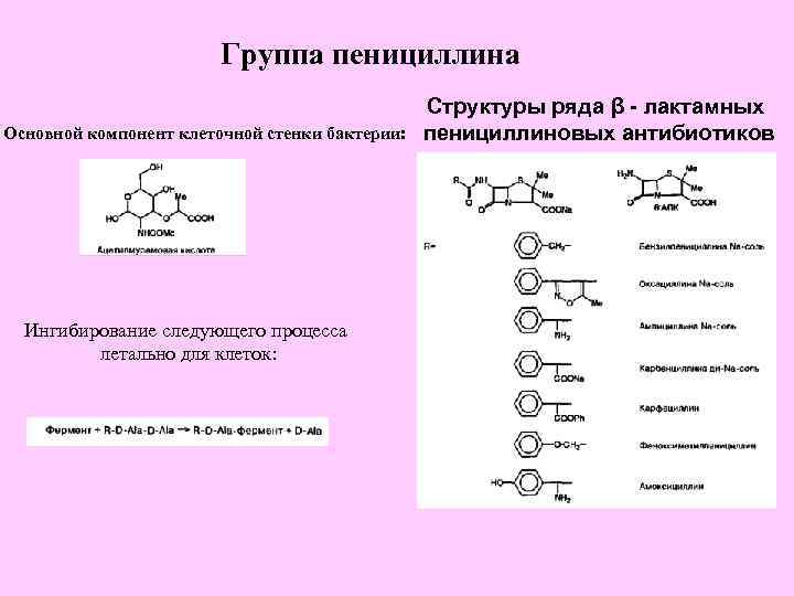 Группа пенициллина Основной компонент клеточной стенки бактерии: Ингибирование следующего процесса летально для клеток: Структуры
